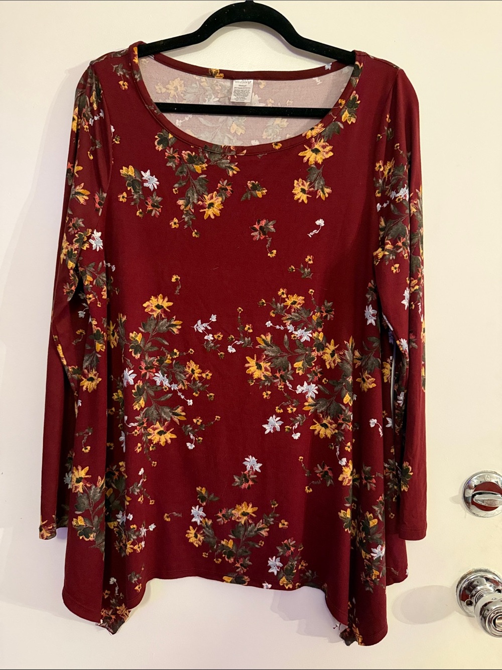 WEST LOOP Burgundy Floral Scoop-Neck Long Sleeve Top